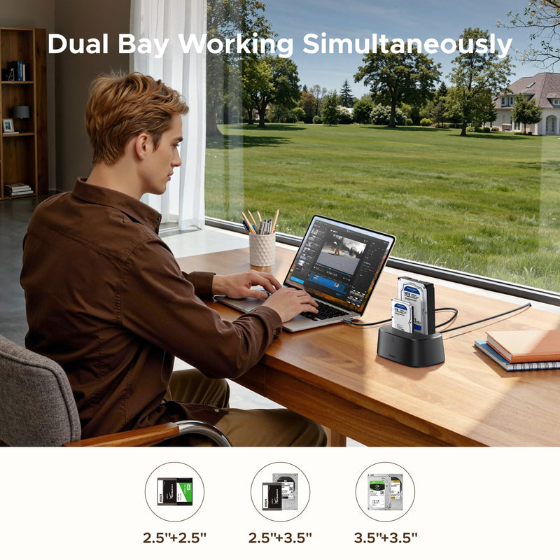 UGREEN Dual-Bay Hard Drive Docking Station for 2.5 & 3.5 SSD HDD Up to 48TB | USB C 3.0 to SATA I/II/III Hard Drive Enclosure Reader with Offline Clone and Duplicator Function Tool Free Installation