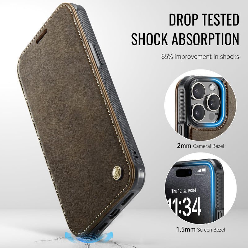 for iPhone 15 Pro Max Slim Wallet Case Wireless Charging, Brown | Compatible with Magsafe, RFID Blocking Card Holder, Magnetic Closure, Shockproof, PU Leather, Phone Flip Cover, for Men Women for iPhone 15 Pro Max
