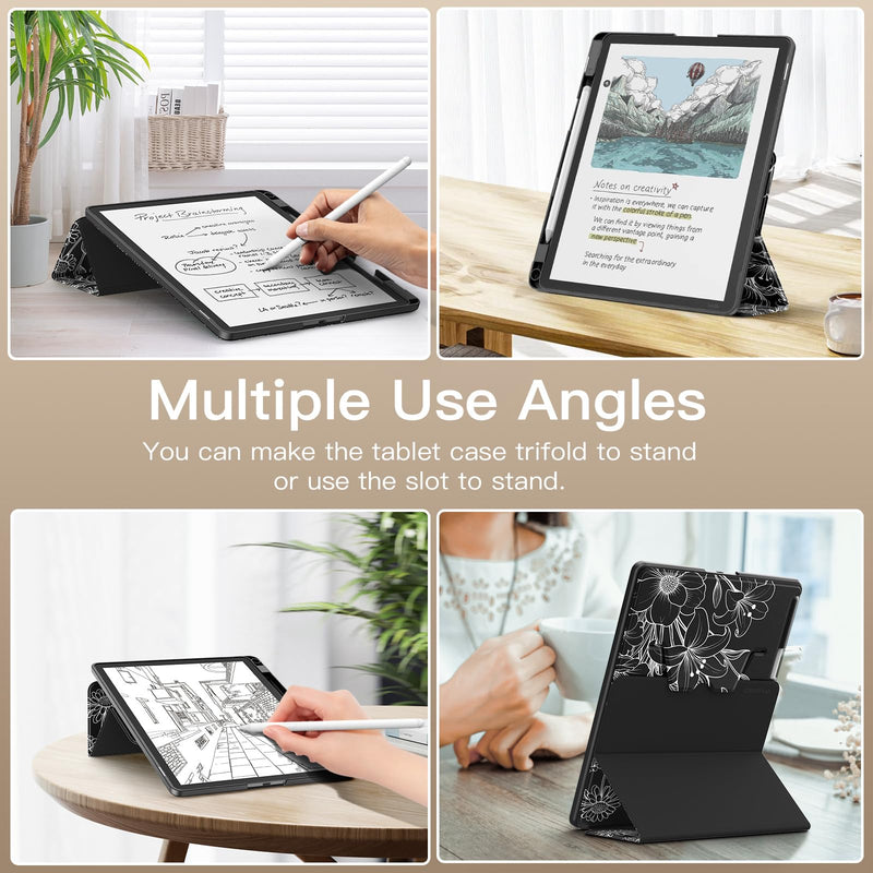 MoKo Stand Case for 11" Kindle Scribe 3rd& Colorsoft 2025, Line Flower | Premium Leather Trifold Stand Cover with Pen Slot, Auto Sleep/Wake,Water Proof