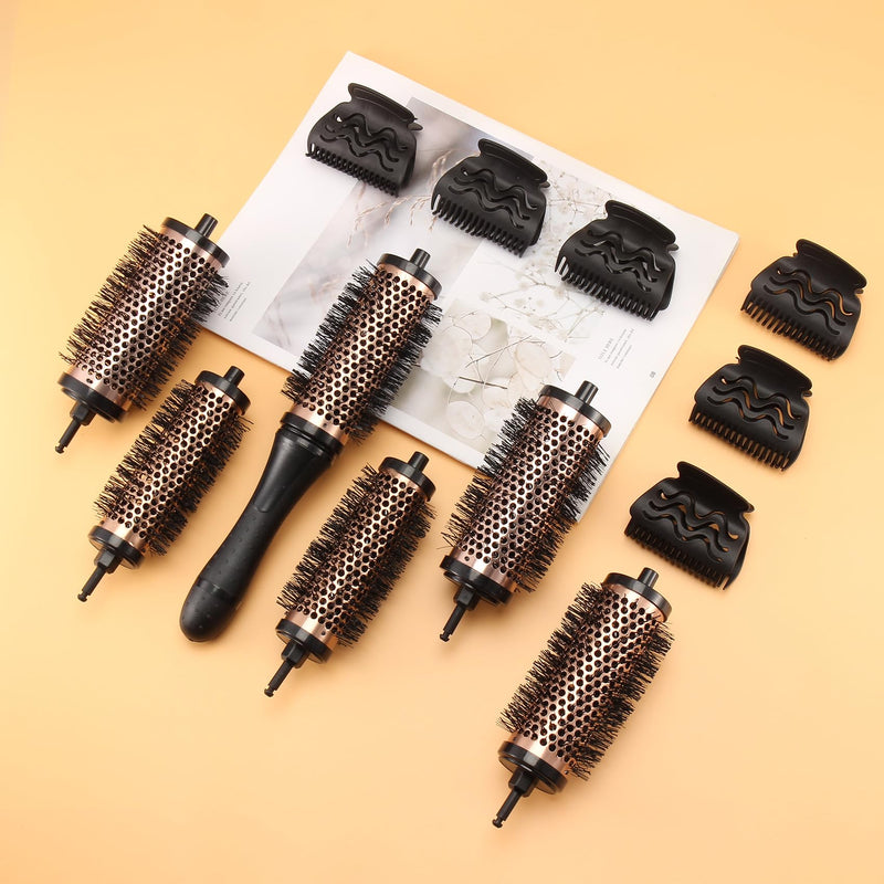Round Hair Brush Set Detachable Handle Hair Roller Brush 3 Sizes Round Hair Brush for Blow Drying with 6 Positioning Clips,6 Barrels 1 Handle Black
