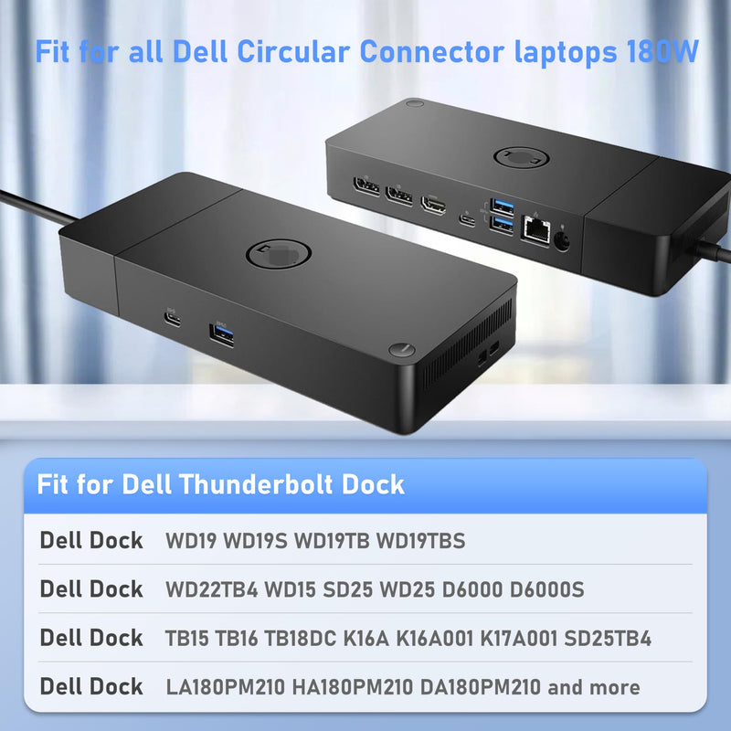 180W Power Cord for Dell Dock WD19 WD19S WD19TB WD19TBS WD19DCS WD22TB4 | for WD15 SD25 WD25 D6000 D6000S TB15 TB16 Business Thunderbolt/Universal Docking Station TB18DC K16A K16A001 K17A001 SD25TB4