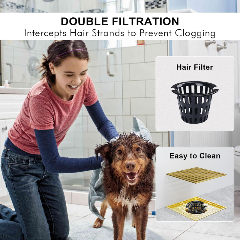 Shower Drain Hair Catcher- 4-1/4 Inch Square Shower Floor Drain Kit with ABS Flange for 2" or 3" Pipe, Drain with Hair Strainer,Removable Strainer Cover,SUS304 Stainless Steel, Brushed Gold