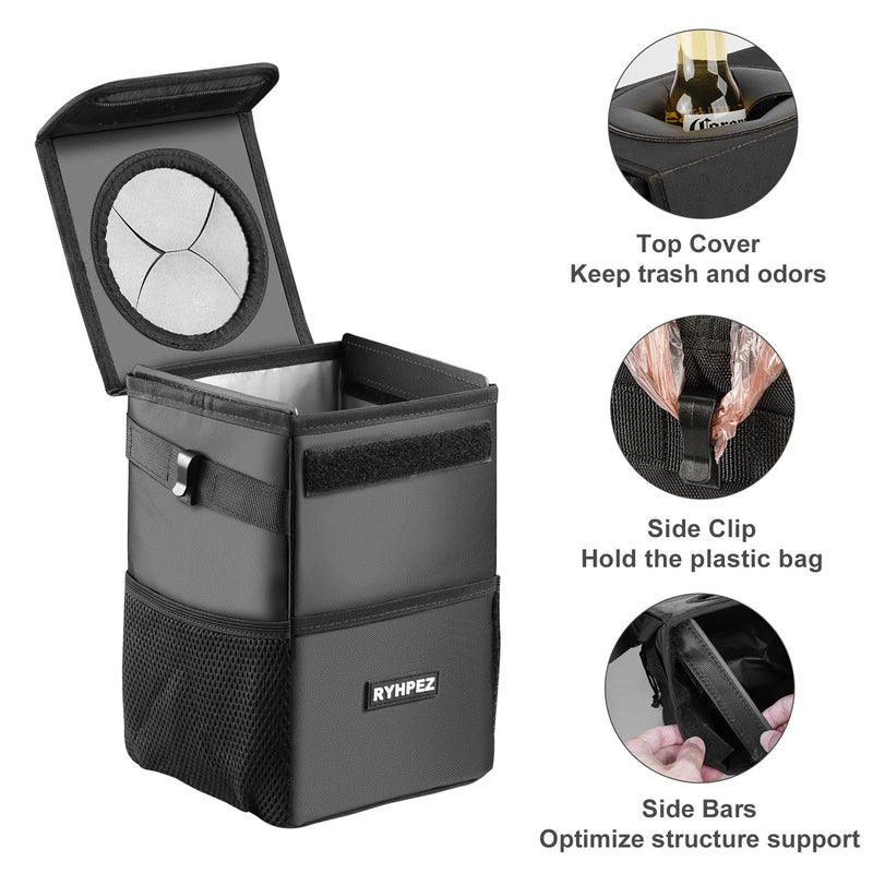 Ryhpez Car Trash Can with Lid - Leakproof Trash Bin Car Garbage Can, Collapsible Automotive Truck Organizer and Storage Bag Car Accessories for Women Men Road Trip Essentials Standard (Black)