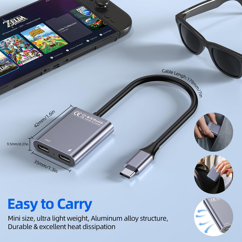 USB C to Glasses Charging Adapter, 100W PD Charge & Play for AR Glasses, 4K@60Hz Video Output for XREAL/Viture/Rokid/RayNeo, Steam Deck, ROG Ally, Switch (Not Switch 2), PS5, Xbox, Mac, Laptops