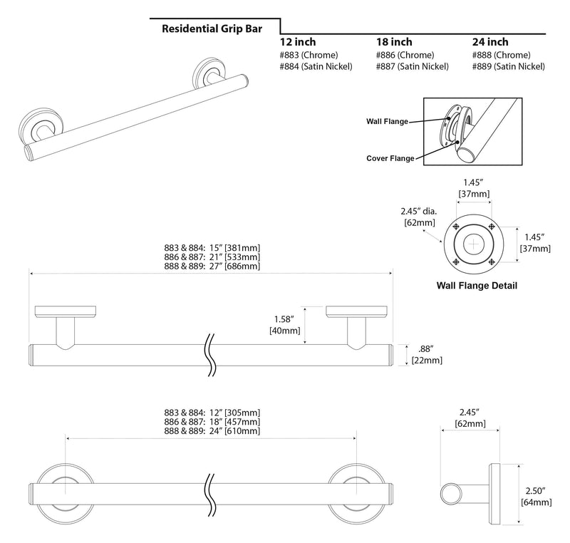 Gatco 884 Latitude II 12-Inch Bathroom & Shower Safety Grab Bar, Wall Mounted Stainless Steel, Satin Nickel 12 Inch