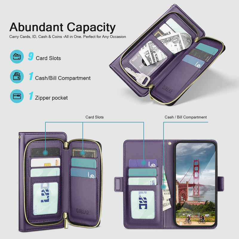 DJBEAR for Samsung Galaxy S23 Ultra Wallet Case for Men & Women, All-in-One Flip Folio Cover with 9 Card Slots, Zipper Pocket, Detachable Wrist Strap, Full Body Protection for S23 Ultra Dark Purple