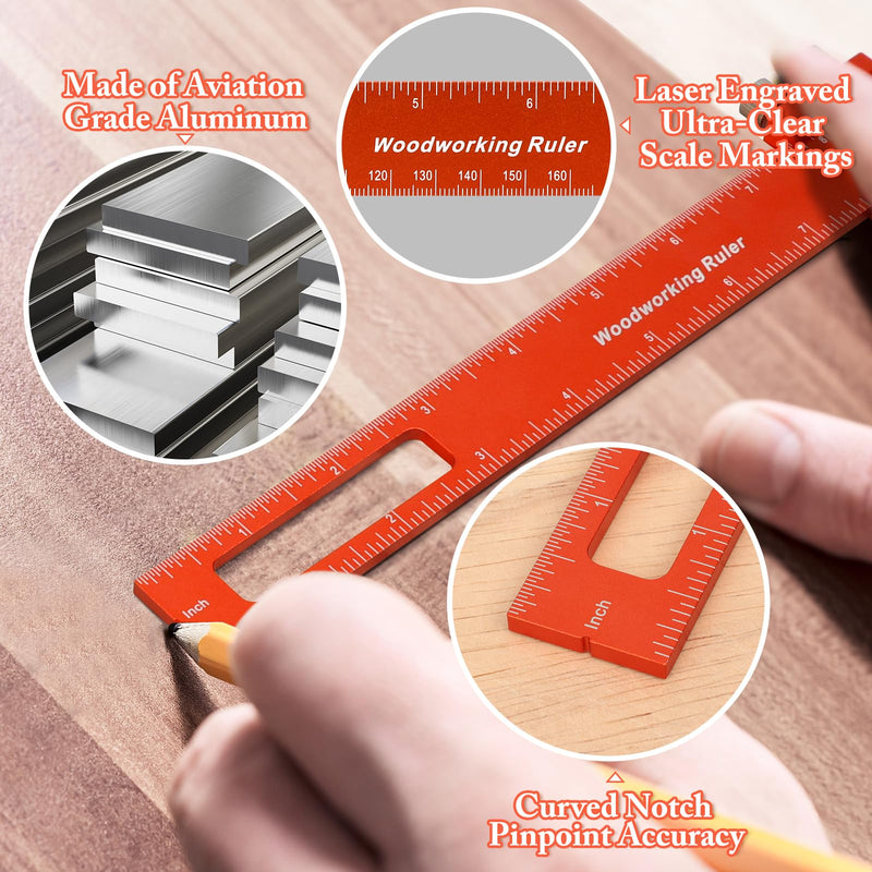 Woodworking Ruler Set 3PCS(6/8/12-Inch) - Precision Aluminum Pocket Rulers with Dual Inch & Metric Scales | T-Type Scribing & Square Edge for Marking
