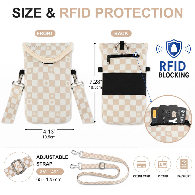 KJQJLY RFID Blocking Neoprene Cell Phone Sleeve (Beige Floral Checkered) | RFID Blocking Neoprene Cell Phone Sleeve Pouch with Crossbody Strap Fits iPhone 17/16/15/14 Pro Max, Samsung S25, Pixel 10 Beige Floral Checkered