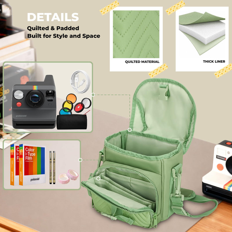 Camera Case for Polaroid Now 3rd/2nd Gen with Photo Display Window | Instant Camera Sling Bag with Clear Display Window, ilted Front Pocket, 8mm Padding, Top Handle and Adjustable Strap, Green