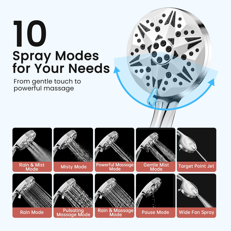 Clarston Filtered Shower Head with Handheld, 10 Modes High Pressure Detachable Showerhead with Filters, Showerheads Filter for Hard Water, Anti-Clog Silicone Nozzles, Removes Chlorine & Heavy Metals