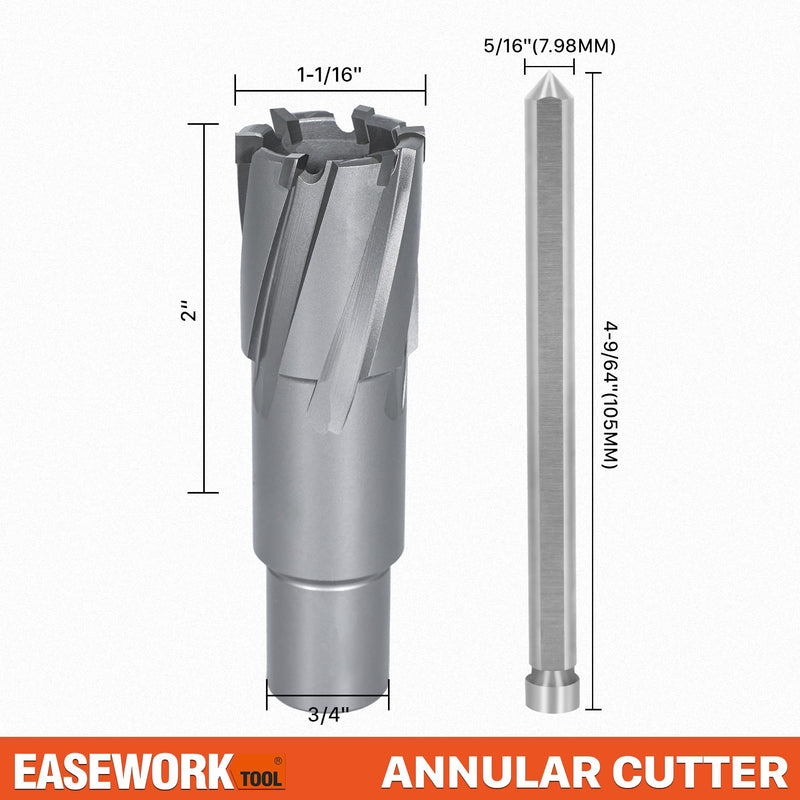 EASEWORK TOOL Carbide-Tipped Annular Cutter, 1-1/16"Cutting Diameter x 2" Depth, Premium TCT Mag Drill Bit with Pilot Pin | Fast Cutting in Stainless Steel & Cast Iron | Cobalt Steel Construction 1-1/16"x2"