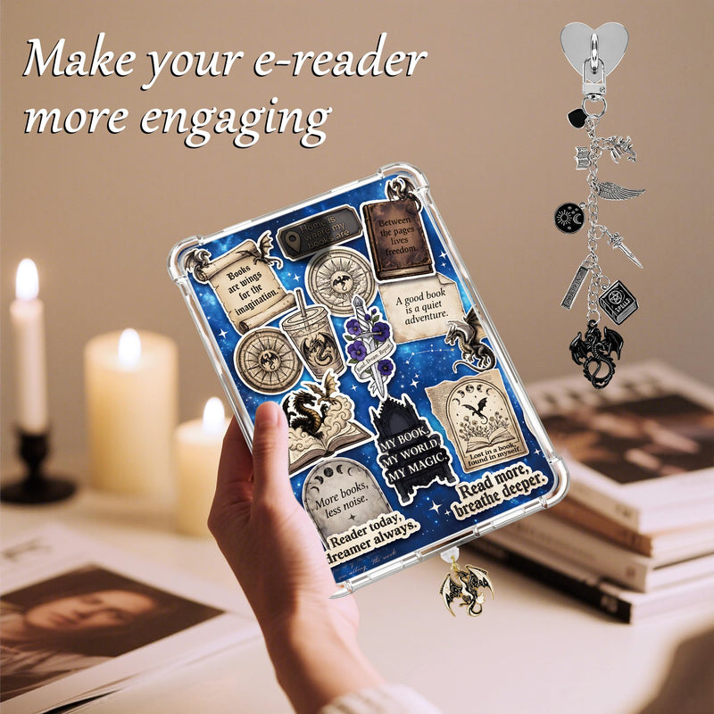 Insert Cardstock for Clear Cases, 6 Pcs Fantasy Dragon Cardstock Inserts with Charm Chain Dust Plug, Reading Accessories Compatible with Kindle Paperwhite, Fantasy Reader Gifts for Women Book Lovers Fantasy Dragon063