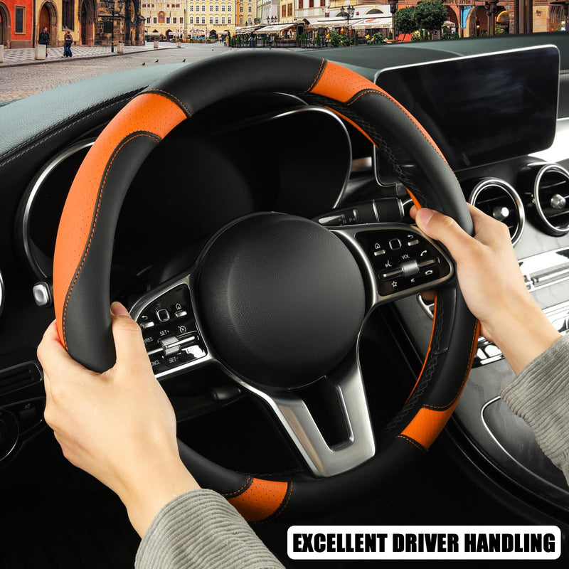  [AUSTRALIA] - Leather Steering Wheel Cover, Breathable, Anti Slip & Odor Free, Black and Orange Black Orange Round-Middle[14.5''-15'']