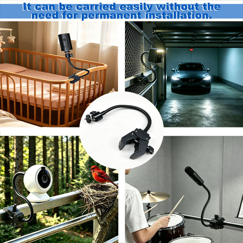 20cm Gooseneck Clamp Camera Mount with 1/4" Screw & 360° Ball Head | Flexible Clip Mount for Handlebar, Desk, Tube, Cross Bar – Compatible with GoPro, Ring, Google Nest, Wyze, Arlo