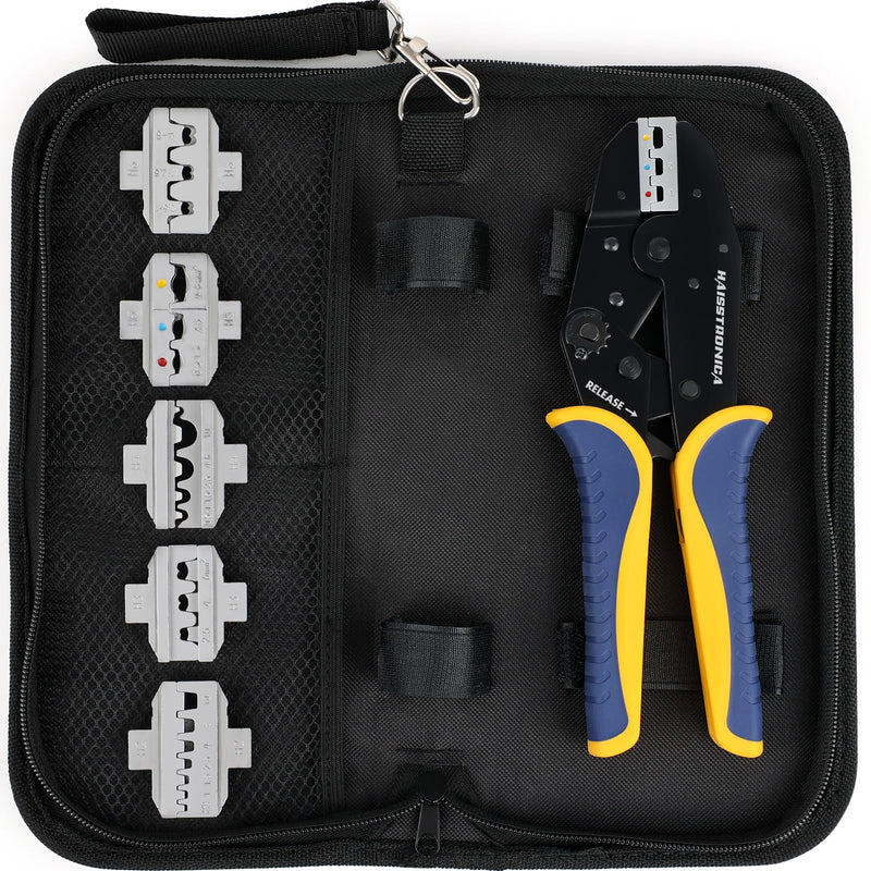 haisstronica 6 in 1 Crimping Tool Kit, Professional Ratchet Wire Crimper with 6 PCS Interchangeable Dies for Heat Shrink, Non-Insulated,Ferrule,Open Barrel,Insulated Connectors, Men Tool Gifts