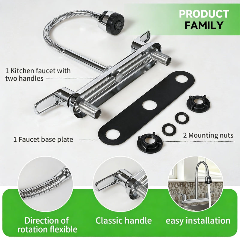 SOLVEX 2 Handle Kitchen Faucet，8 Inch High Arch 360 Swivel Stainless Steel Kitchen Sink Faucet，Modern Chrome 3 Hole Kitchen Faucets with Flexible Spout,SP-80013