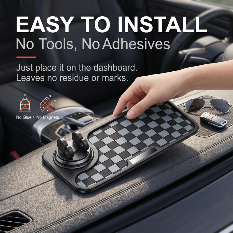 Car Dashboard Mat, Silicone Anti-slip Checkered Pad with 360-degree Rotating Phone Mount, Heat-resistant Waterproof Organizer Pad, Universal Interior Accessories for Most Cars (Black) 1 PC Black