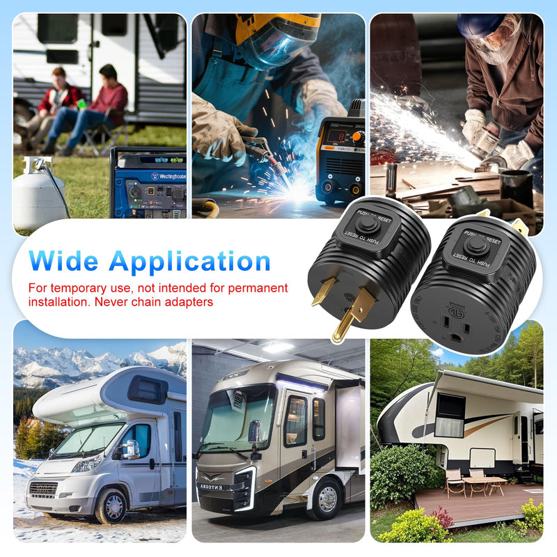 30A to 110 Adapter NEMA TT-30P Male Plug to NEMA 5-15R Female Receptacle with 15A Rated Breaker Grounding House Power to RV Camper ETL Listed