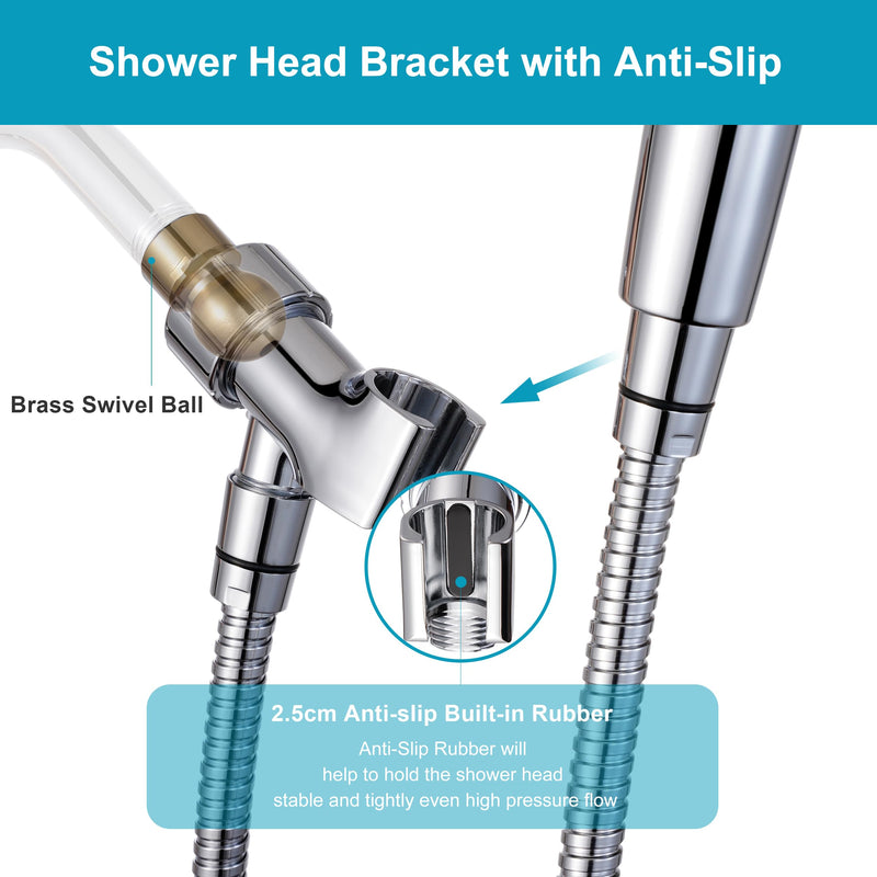 Handheld Shower Head with ON/OFF Switch,Detachable 8 Mode High Pressure Shower Wand with Long Hose and Bracket PLUS Extra Adhesive Holder for Lower Mount,Built-in Power Wash to Clean Tub,Silve Silver