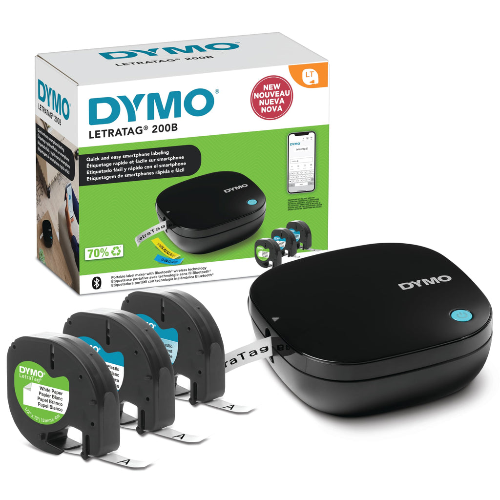 DYMO LetraTag 200B Bluetooth Label Maker Value Pack, Compact Label Printer Connects Through Bluetooth Wireless Technology to iOS and Android, includes 3 Assorted Label Tapes