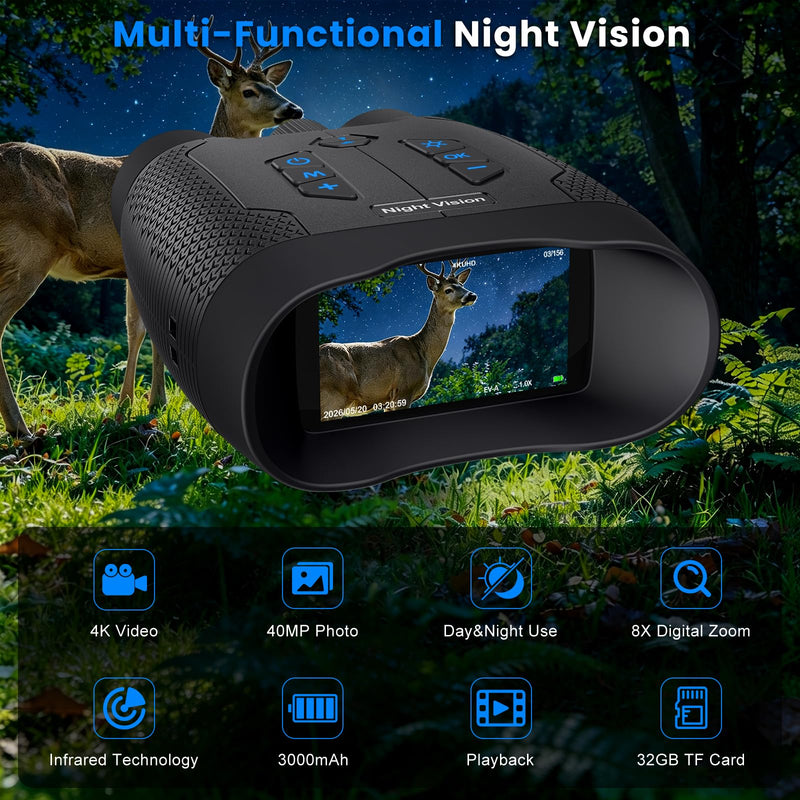 4K Night Vision Goggles for Adults, Photo & Video Recording, 32GB TF Card | Infrared Night Vision Binoculars, Rechargeable Battery, 1968FT Viewing Range for Wildlife Observation, Camping, Security