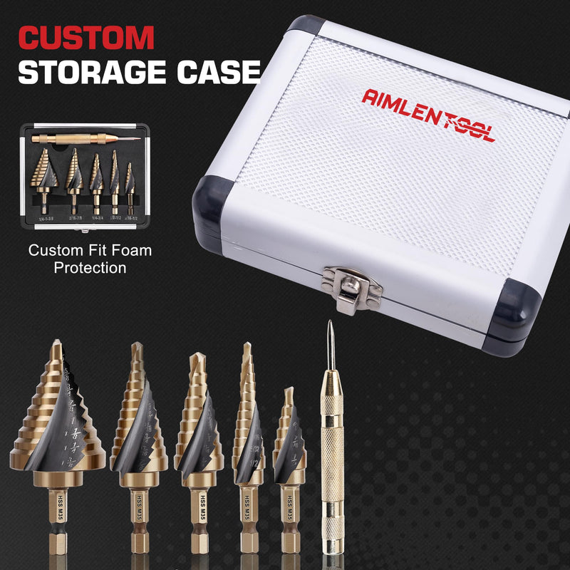Cobalt Step Drill Bit Set, Hex Shank Step Drill Bit with Automatic Center Punch for Metal, Stainless Steel, Aluminum, Wood, and Plastic, Storage in Aluminum Case for DIY Lovers, 50 Sizes M35-6PC