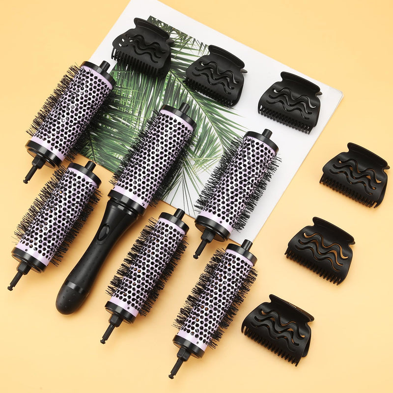Round Hair Brush Set Detachable Handle Hair Roller Brush 3 Sizes Round Hair Brush for Blow Drying with 6 Positioning Clips,6 Barrels 1 Handle () Purple