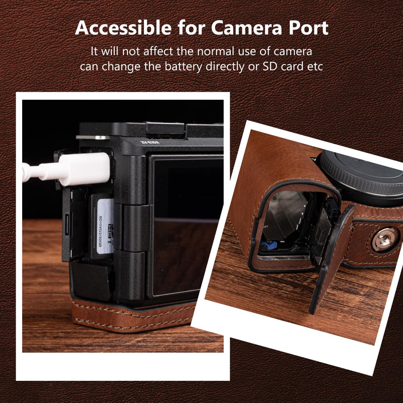 MUZIRI KINOKOO Protective Case for Sony ZV-E10 II, Vintage Textured Genuine Leather Half Case Compatible for Sony Alpha ZVE10 II/ZV-E10 II Camera, with Opening Bottom & 1/4” Thread Screw - Brown