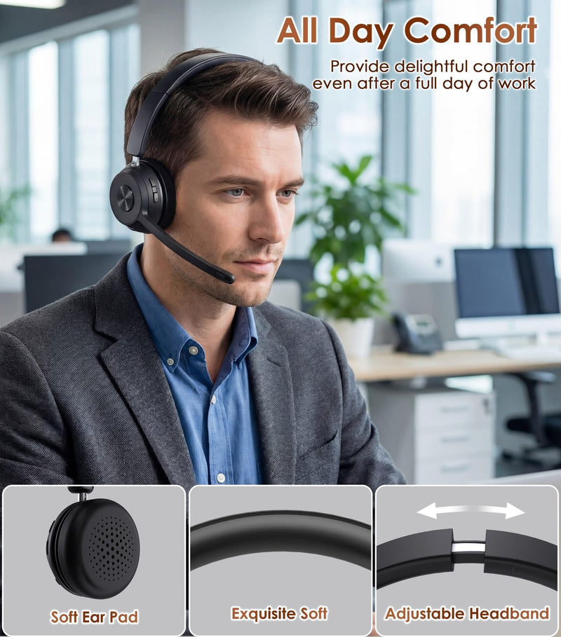 Wireless Headset with Mic for Work, Bluetooth Headset with Noise Cancelling | Headphones with Microphone Mute & USB Dongle for PC/Computer/Laptop/Cell Phones/Remote Work/Call Center (Black) Black