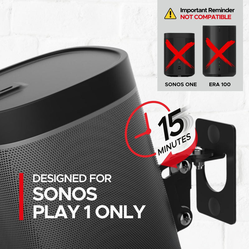 Sound Bass Play 1 Wall Mount Black, Compatible with Sonos Play:1 Only, Adjustable Swivel & Tilt Mechanism, Mounting Bracket Includes All Fixings