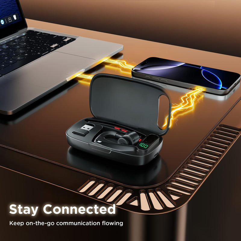 Bluetooth Headset V5.3, Wireless Headset with Dual Noise-Canceling Mics, Portable Charging Case, 300H Standby Time, Hands Free Headphones for PC/Cell Phones, Trucker/Office/Work Black