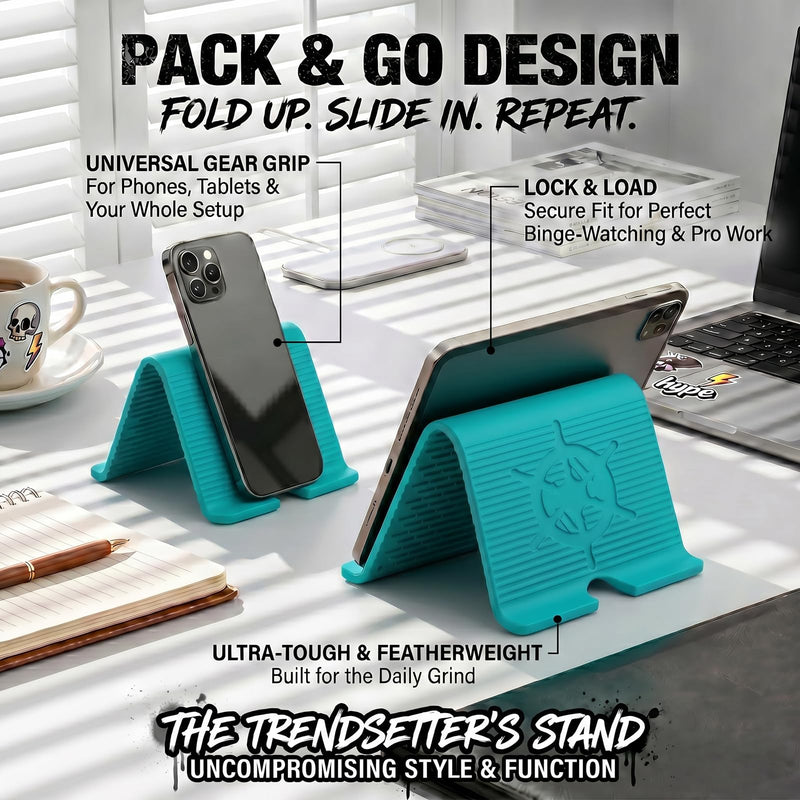 Adjustable Foldable Silicone Phone Stand, Cyan Blue, with Charging Port, Non-Slip Desk Holder for iPhone, Samsung, Tablets 1