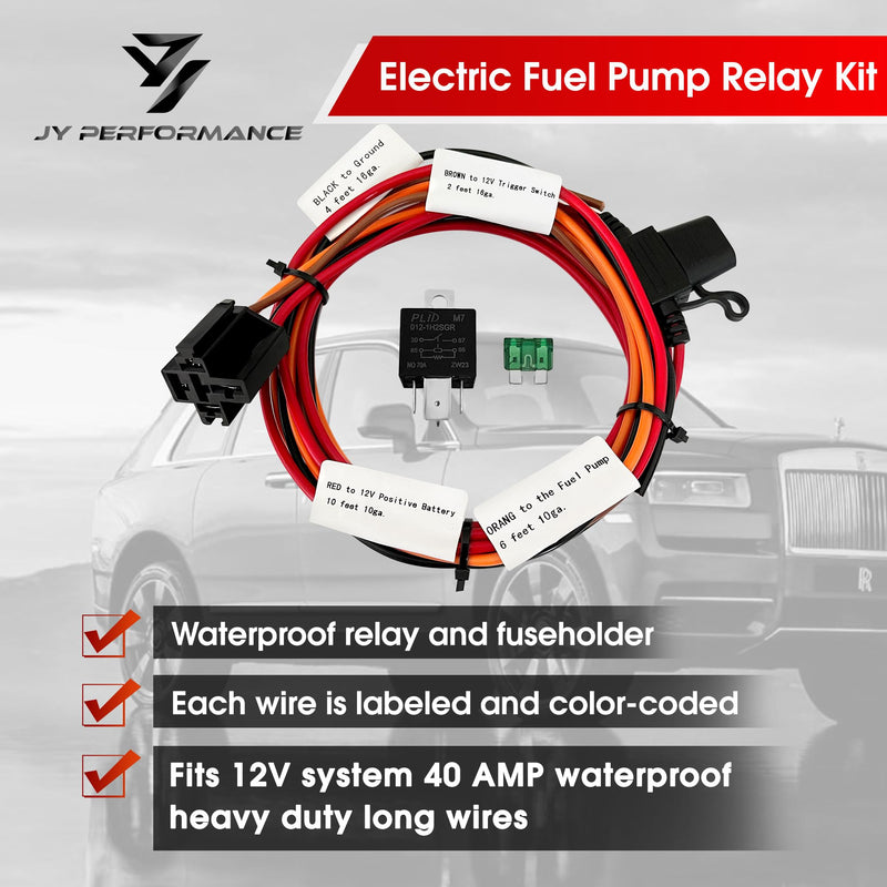 JY Performance Electric Fuel Pump Relay Kit for 12V System 40 AMP Waterproof Heavy Duty Long Wires
