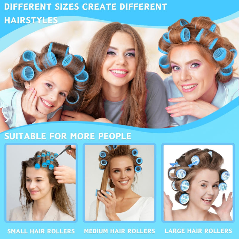 KEYRI 48PCS Hair Rollers Set Hair Rollers with Clips Self Grip Jumbo Hair Roller No Heat Heatless Hair Roller for Long Medium Short Hair Styling Hairs Salon Hairdressing Curlers (Blue, 3 Size) Blue 1 count (Pack of 48)