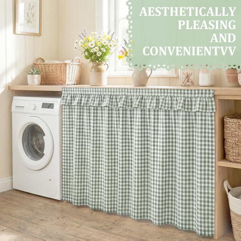 Green Ruffle Gingham Sink Skirt Self-Adhesive Bathroom Stitch Self Stick Adhesive Fabric Under Sink Curtain Skirt 55'' x 32'' for Bathroom Kitchen Laundry Utility Room Decor (32 x 55in) Green 32 x 55 in Plaid