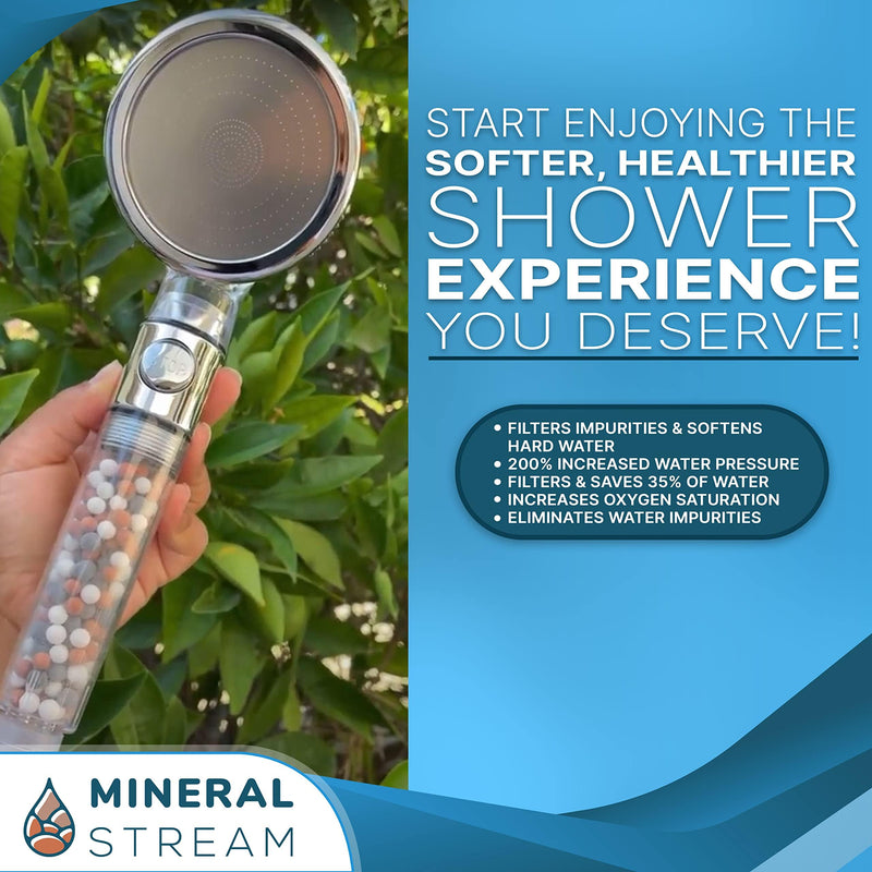 MineralStream Ionic Shower Head 2.0 + Hose | Ecowater Spa Showerheads for Dry Hair & Skin | 3 Settings High Pressure Water Saving Showerhead with Filter Beads