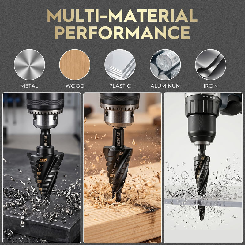 5PCS Titanium Step Drill Bit - Four Spiral Flute HSS Step Bit, 50 Sizes from 3/16" to 1-3/8", Steps Bits for Metal, Aluminum, Wood & Plastic, for Electricians & DIY 5PCS Four Spiral