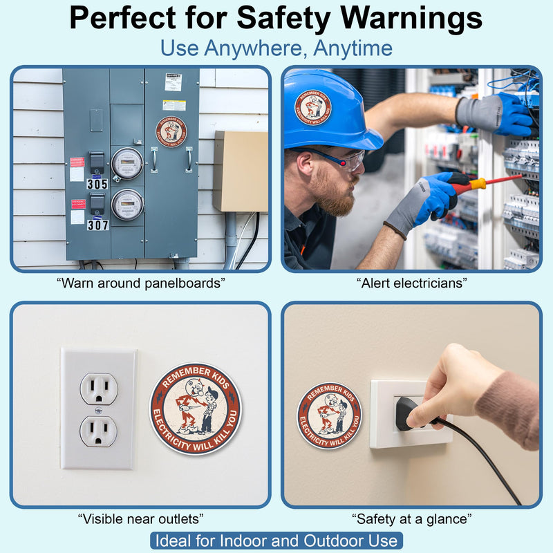 GRITKULTURE Remember Kids Electricity Will Kill You Decal Stickers 10 Pack 2.95 Inch Safety Warning for Hard Hat, Blue Collar, Car, Truck, Window, Reddy Kilowatt, Outlets