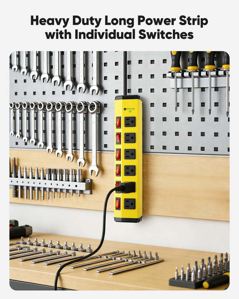 KeBen Heavy Duty Surge Protector,6 Outlets Individual Switches,6FT/15A | Surge Protector with 1200J,Flat Plug Design,Wall Mountable Metal Power Strip for Appliance,Workshop,Garage-14AWG/1875W 6FT 1