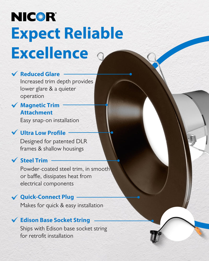 Recessed Ceiling Lights LED Downlight - 5/6 inch LED Recessed Light Fixtures - Selectable CCT 2700K-5000K, 918 Lumens, 10.3W - DLR56 Retrofit Ceiling Light, Bronze, 1-Pk by NICOR Lighting Oil-Rubbed Bronze 1 Pack
