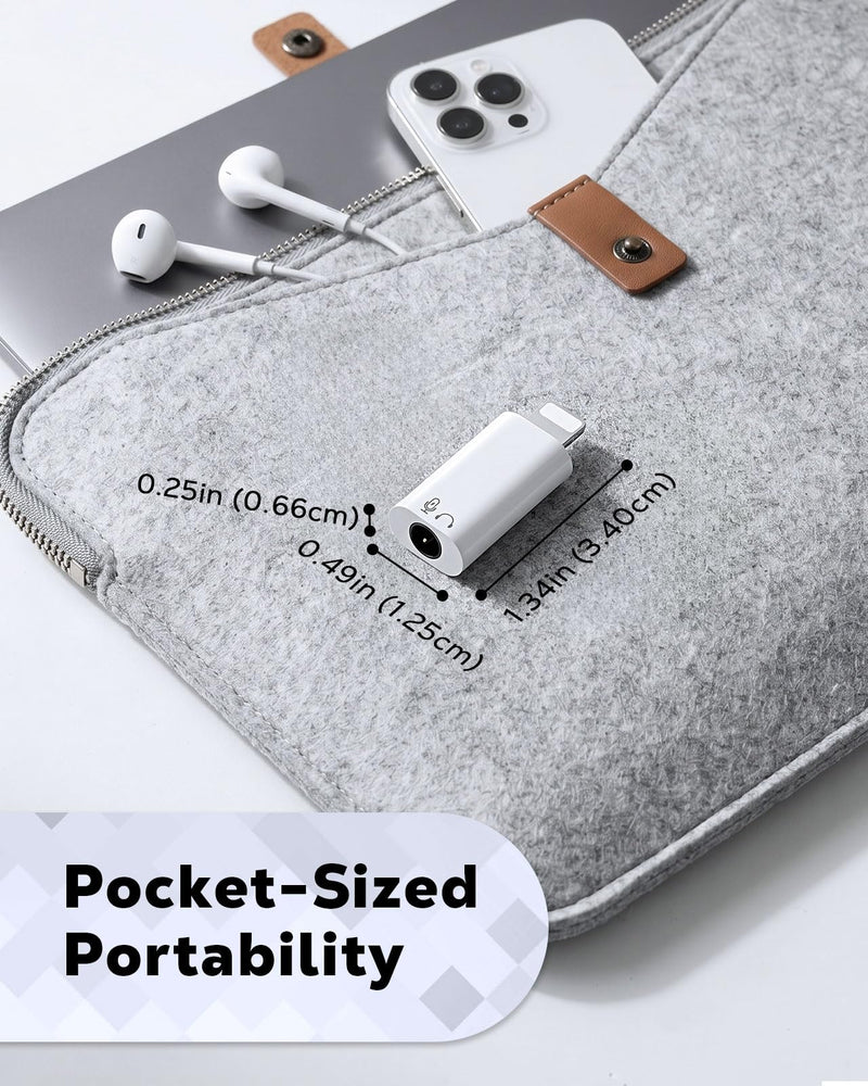 MoKo Lightning to 3.5mm Headphone Jack Adapter, with Call & in-line Control | Cable-free Direct-plug Adapter, Support Microphone & In-Line Control, Smart DAC Chip, For iPhone 14/13/12/11/iPad Mic Supported White