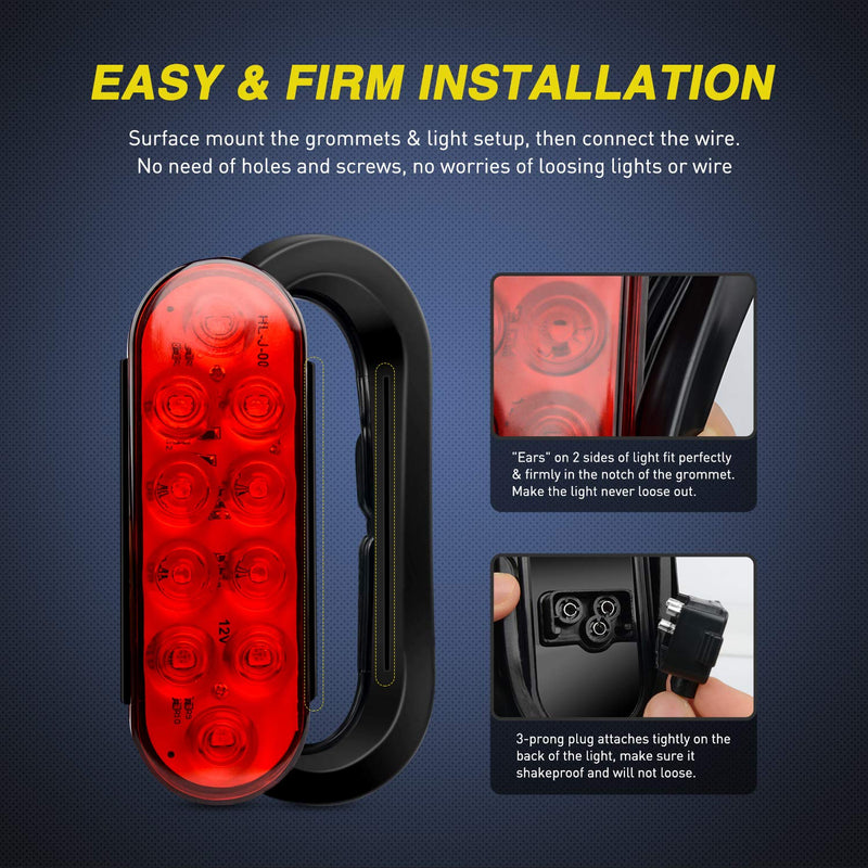 Nilight - TL-01 6" Oval Red LED Tail 2PCS w/Surface Mount Grommets Plugs IP65 Waterproof Stop Brake Turn Trailer Lights for RV Truck Jeep 2Pcs 6" Trailer Tail Lights