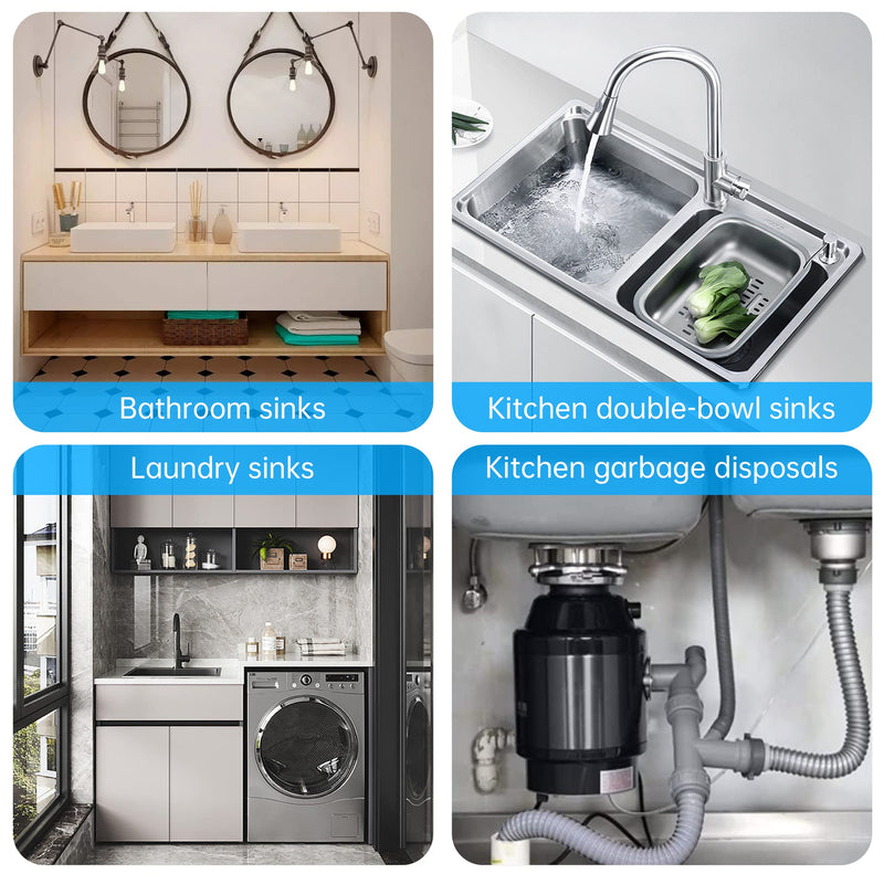 Flexible Expandable P-Trap Kit for Double Kitchen Sink Drain - Fits 1 1/2" or 1 1/4" Pipes-Complete with Sealing Ring, Tape, and Tubing - Perfect for Kitchen, Bathroom, and Restroom Use