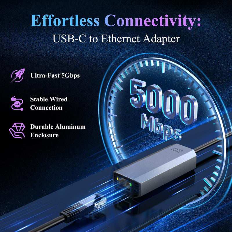 Minthouz 5Gbps USB-C to Ethernet Adapter, RJ45 to USB C 5 Gigabit LAN Network Adapter, Grey Aluminum Case Ethernet to USB Network Dongle Compatible with Laptops, Computers, MacBook, Surface and More MT-NWU341G