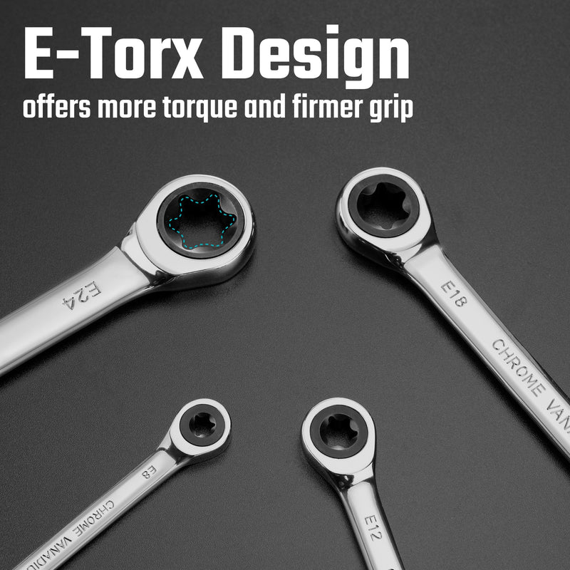 DURATECH 4-Piece E-Torx Wrench Set, Double Box End Ratcheting Wrench Set, Including E6 * E8, E10 * E12, E14 * E18 and E20 * E24, 72-Teeth, CR-V Steel, Mirror-Polished with Rolling Pouch