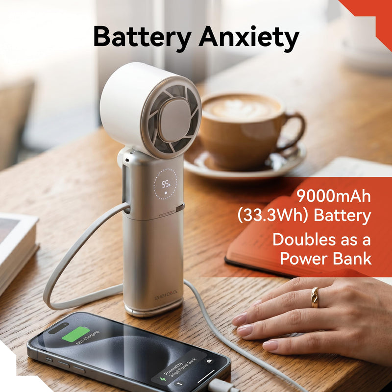 SEIGA Pro Metal Handheld Fan with Cooling Plate,9000mAh Power Bank | 10500 RPM Motor,100 Speeds,22.5W Fast Charging,Built-in USB-C Cable,Lanyard Included,LED Flashlight,Foldable Design