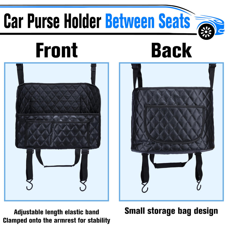 Car Purse Holder Between Seats, Leather Auto Front Seat Handbag Organizer Pocket, Large Capacity Car Net Pocket Handbag Holder, Backseat Barrier Storage Bag for Kids Pet, Fits for Car, Truck, SUV