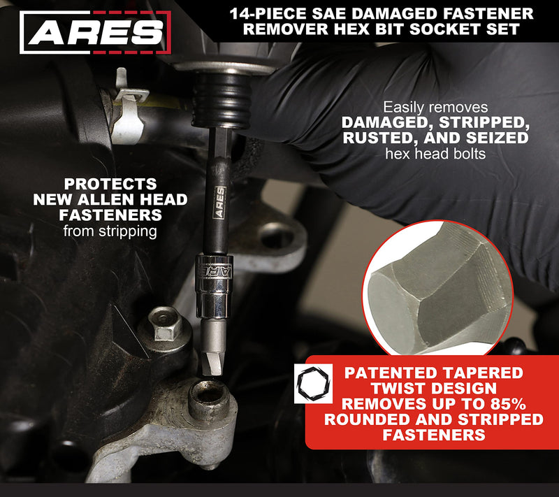 ARES 31006 – 14-Piece SAE Damaged Fastener Remover Hex Bit Socket Set – Premium Steel Bit Sockets Remove Heavily Rounded and Stripped Fasteners – Storage Case for Protection and Portability 14-Piece Hex Bit Socket Set
