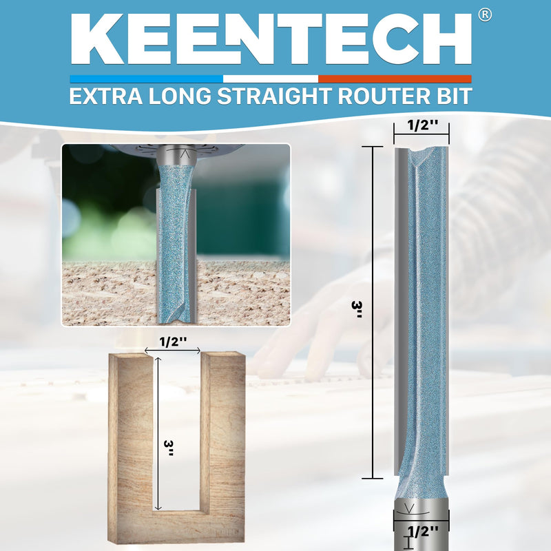 KEENTECH Extra Long Straight Router Bit, 1/2" Shank, 1/2" Cutting Diameter x 3" Cutting Depth, Industrial Carbide-Tipped for Woodworking, with Storage Case Extra Long 1/2"Dia. - 3"Depth Extra Long 1-Piece