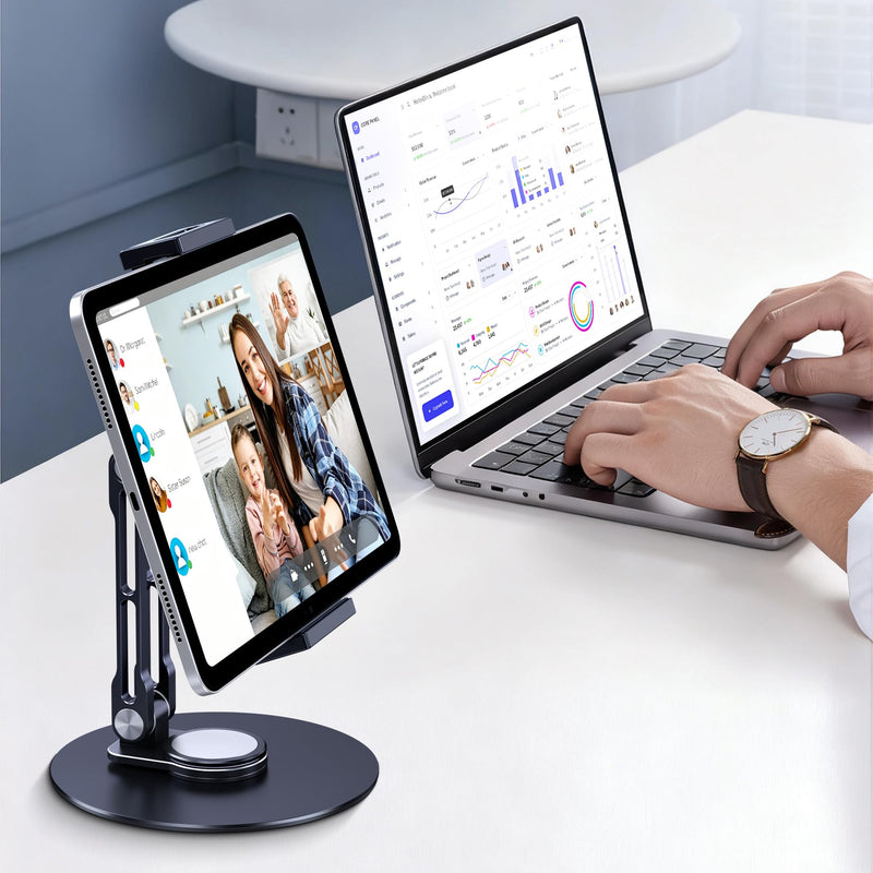 CreaDream iPad Stand, Aluminum Tablet Holder Swivel Stand for Desktop | Adjustable with 360° Rotating Base, Compatible with 4.7''-13" Tablets, Phone, iPad Pro/Air/Mini, Galaxy Tab, Surface Pro Short-One Arm for Desk